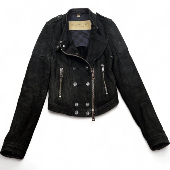 Burberry Brit Shearling Sheepskin Lamb Leather Moto Bomber Jacket Womens Small 6 - Picture 1 of 16